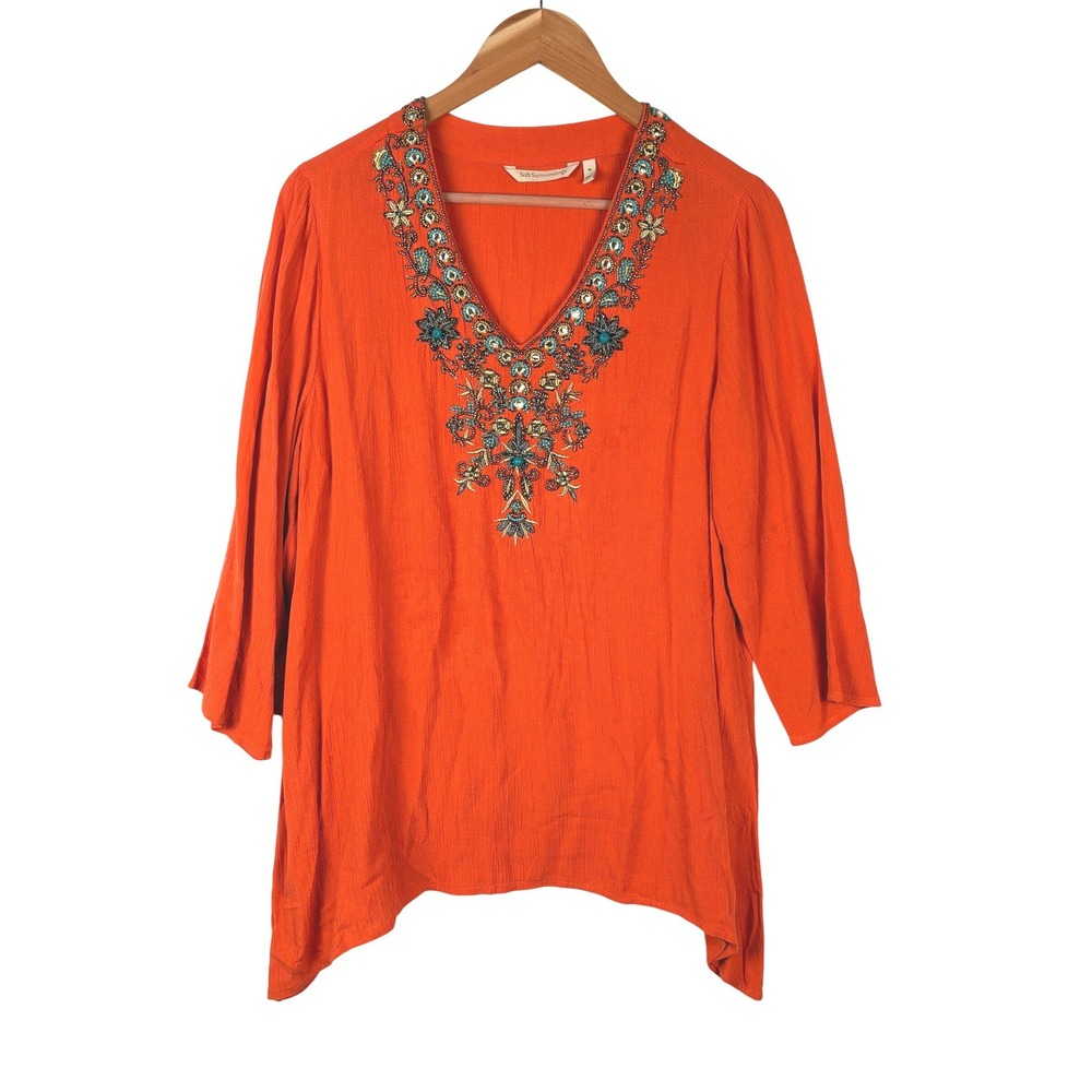 Soft Surroundings 3/4 Sleeve Tunic M Orange Beaded Embellished Resort Boho Coast